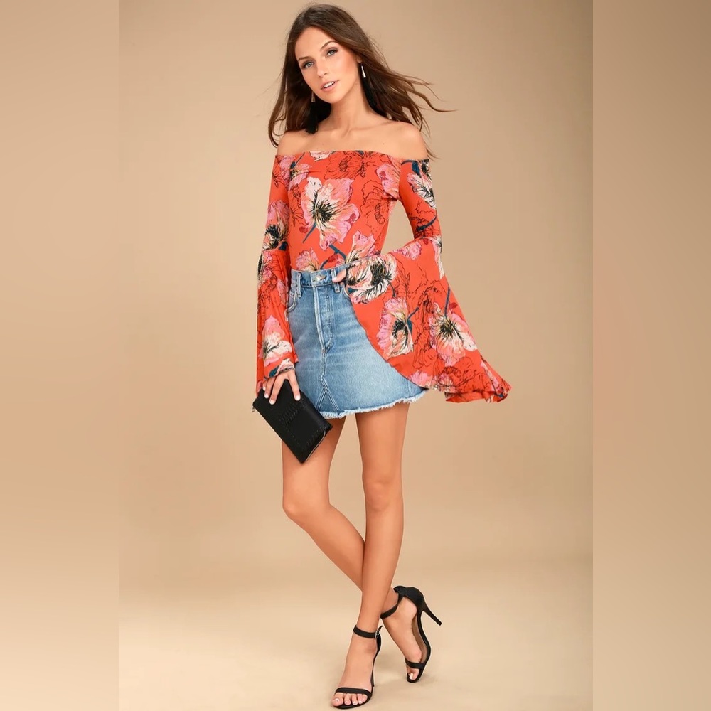 Free People Birds of Paradise Coral Orange Floral Print Top